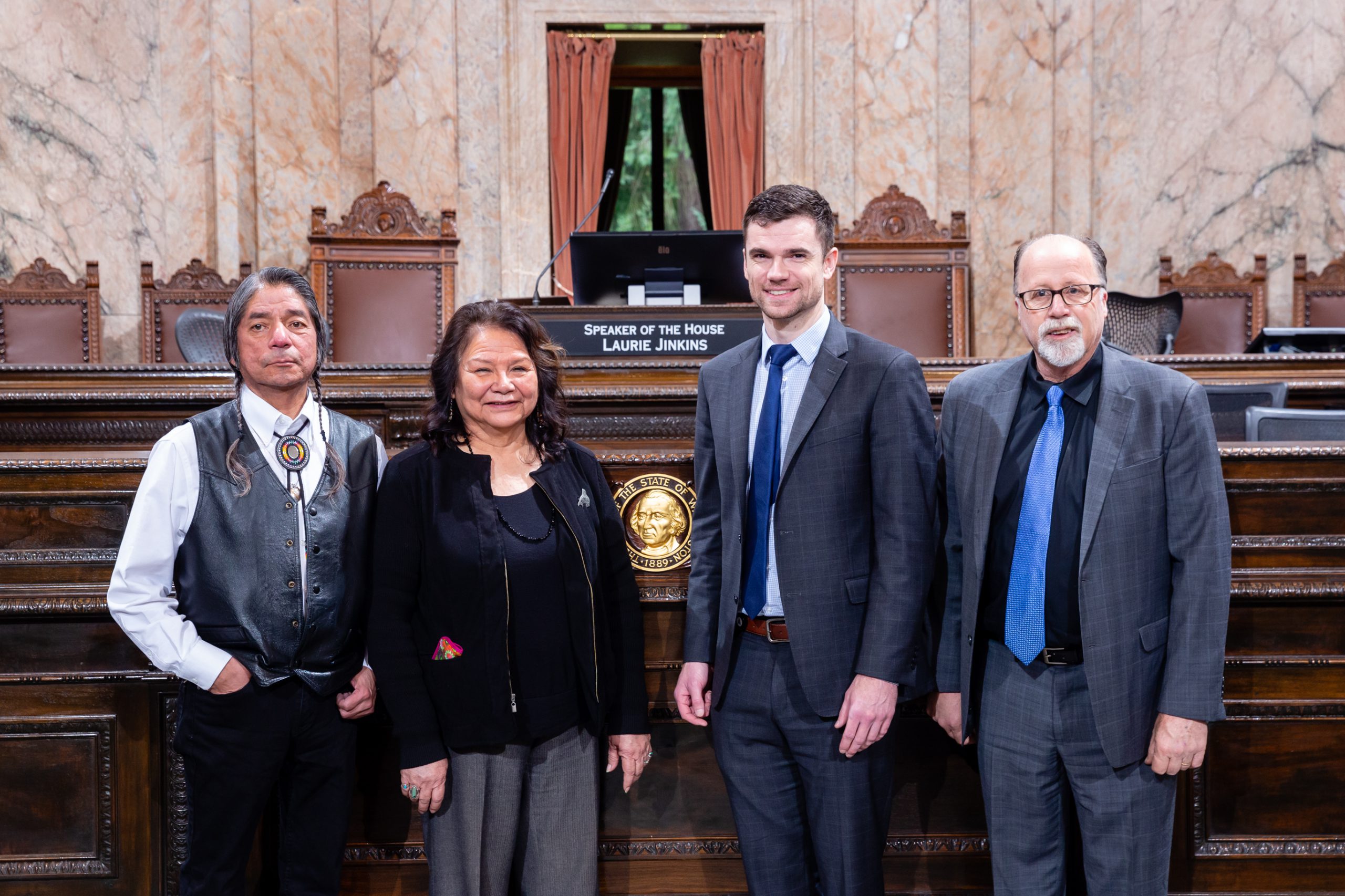 From left to right, Armand Minthorn, CTUIR Board of Trustees member at large, Kat Brigham, BOT Chairwoman, WA Rep. Skyler Rude (Walla Walla), and WA Rep. Bill Jenkin (Prosser).