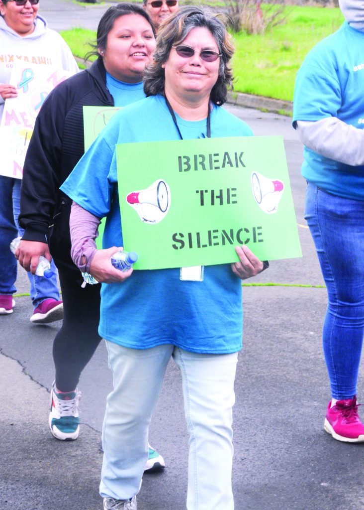 Enola Dick, Family Violence Services advocate for the Confederated Tribes of the Umatilla Indian Reservation, in last year’s Sexual Assault Awareness Walk. This year’s walk is scheduled for April 16 and is part of a month of awareness activities.